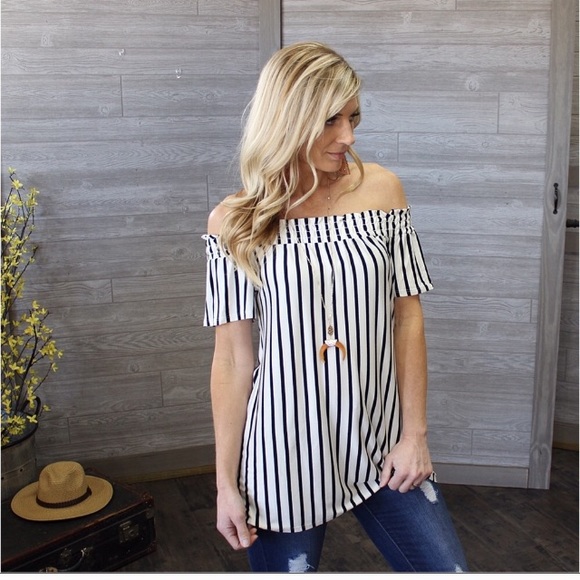 Ivory and black striped off the shoulder tunic. - Picture 2 of 3